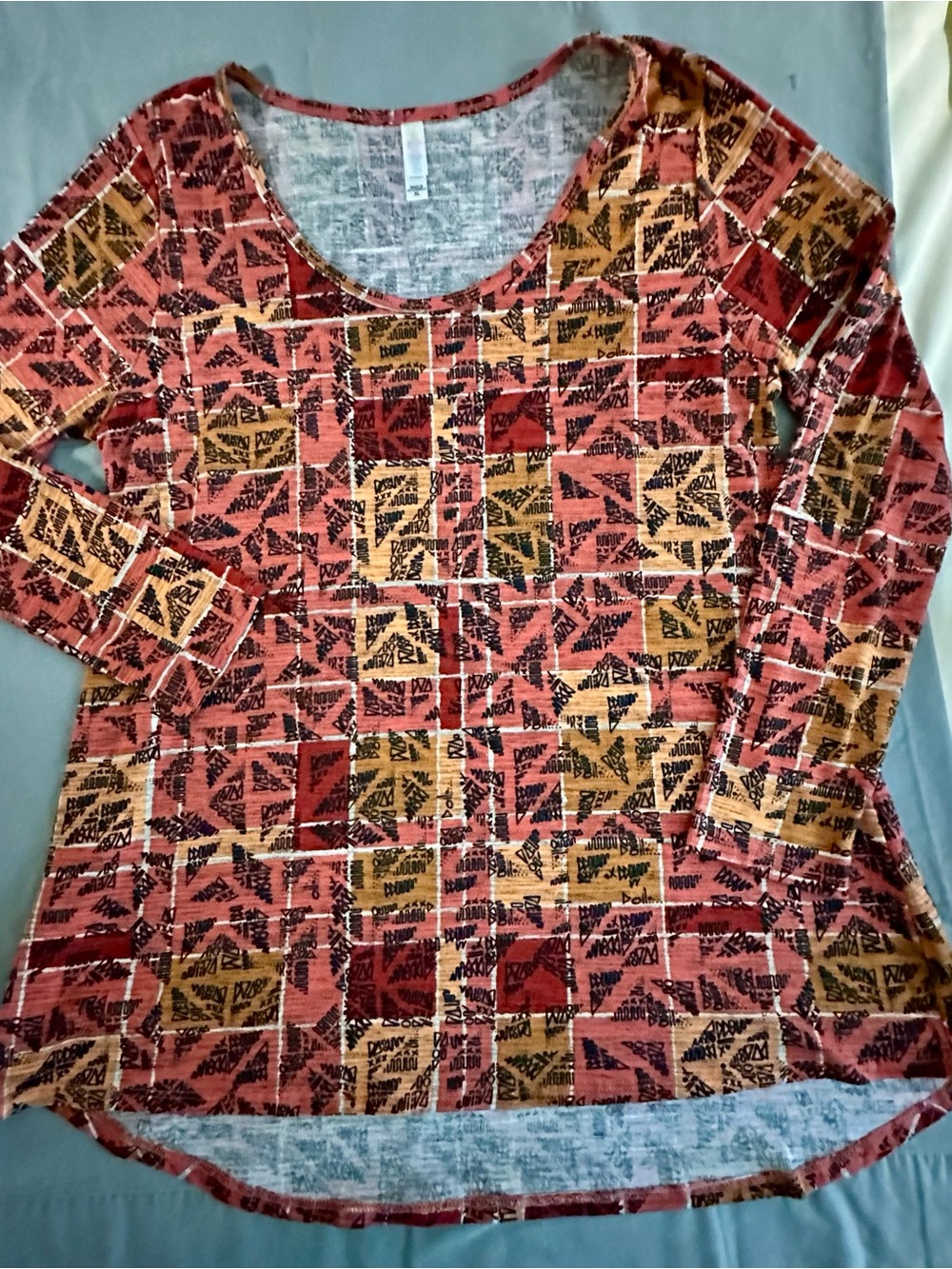 LuLaRoe Long Sleeve Scoop Neck Top in Rust, Mustard, Black